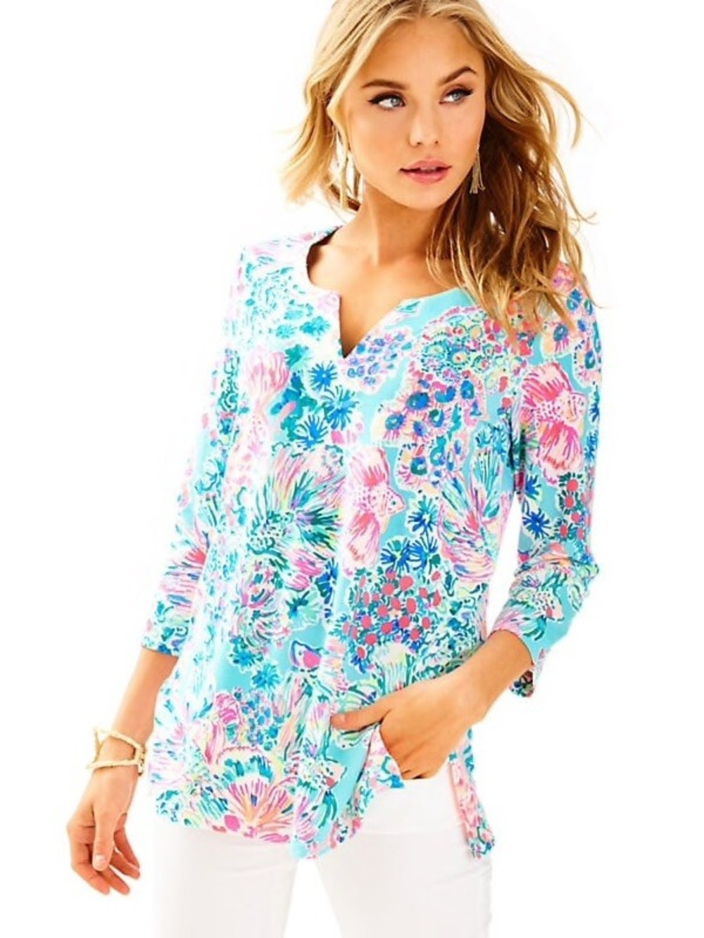Lilly Pulitzer Pink and Blue Justina Multicolor Floral Tunic